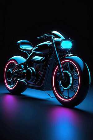 motorcycle in neon light, 3d illustration, computer generated imageの素材