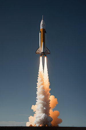 Space rocket taking off into the sky.の素材