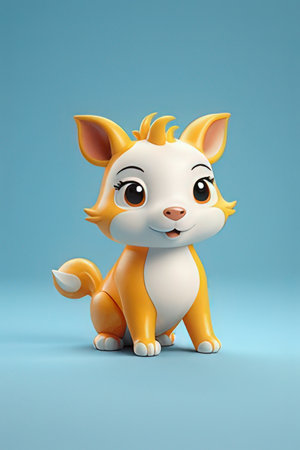 Cute cartoon fox sitting on a blue background. 3d renderingの素材