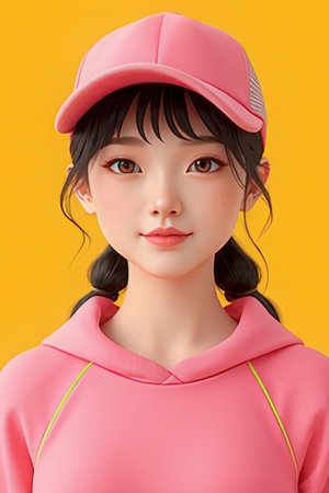 young asian woman wearing pink sportswear on yellow background.の素材