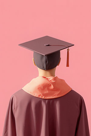 Graduation cap on the back of a mannequin on a pink backgroundの素材
