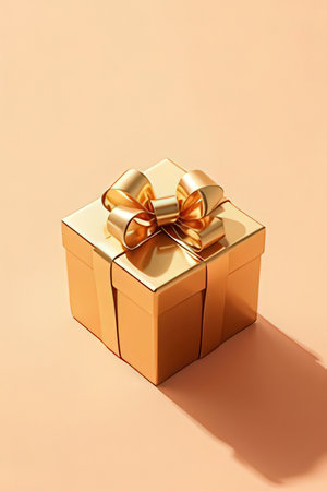 Golden gift box with golden bow on beige background. 3d renderingの素材