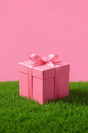 Pink gift box on green grass with pink background. Copy space.の素材