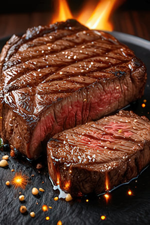 Delicious grilled steak on plate on wooden table, close-upの素材