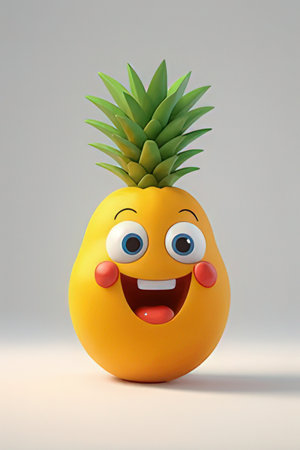 Funny pineapple with smiley face. 3d render illustration.の素材