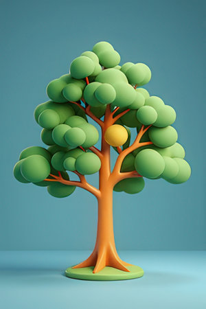 Green tree on blue background. 3D rendering. Computer digital drawing.の素材