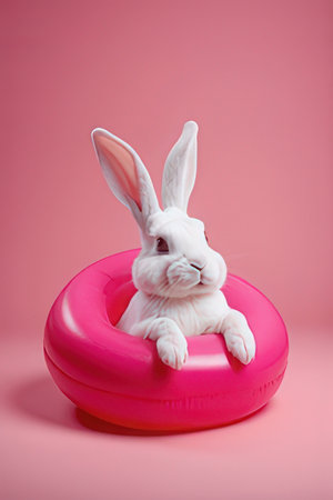 Rabbit with inflatable ring on pink background. Studio shot.の素材