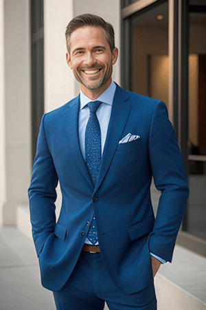 Portrait of a smiling mature businessman in a blue suit standing outdoorsのeditorial素材
