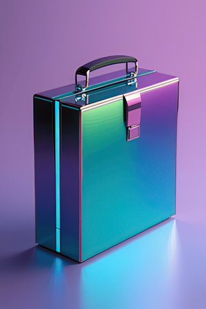 3d rendering of a metallic briefcase on a purple background.の素材