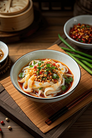 Rice noodles with vegetables in a bowl on a wooden table.の素材