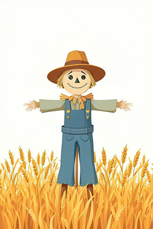 Illustration of a scarecrow in a wheat field with copy spaceの素材