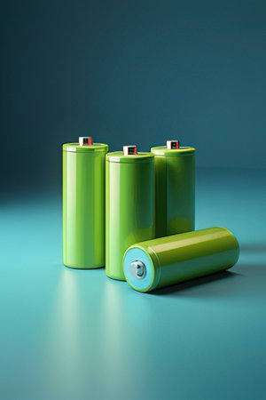 Three green batteries on a blue background. 3D illustration. 3D rendering.の素材