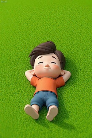 Cute little boy lying down on green carpet. Vector illustration.の素材
