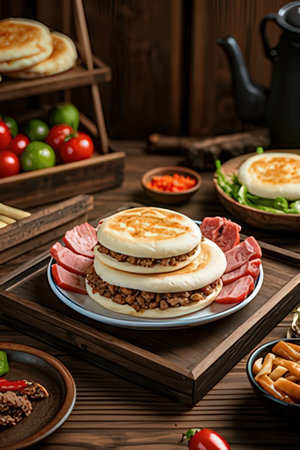 Pancakes with meat, cheese and vegetables on a wooden tableの素材