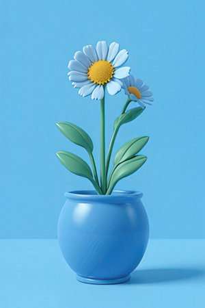 Blue daisies in a blue vase on a blue backgroundの素材