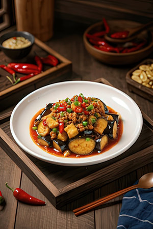 Spicy minced pork with chili and eggplant in black pepper sauceの素材