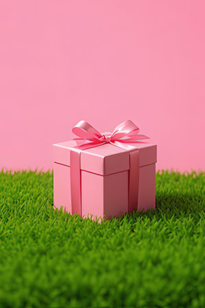 Pink gift box on green grass with pink background. Minimal concept.の素材