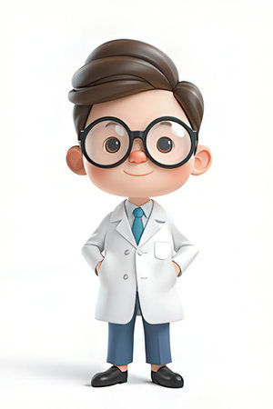 3d rendered illustration of a cartoon character with glasses and lab coatの素材