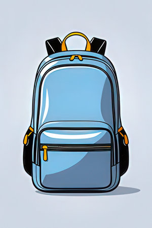 Vector illustration of a blue school backpack on a light gray background.の素材