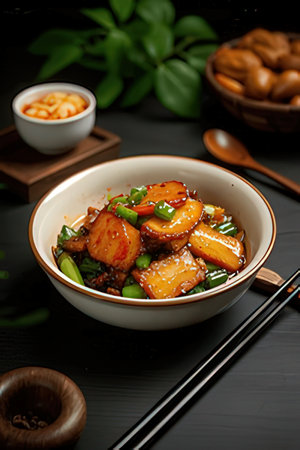 Sweet and sour pork with teriyaki sauce in a bowl.の素材