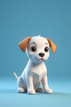 Cute cartoon dog sitting on blue background. 3D illustration.の素材