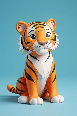 Cartoon tiger sitting on blue background. 3D rendering illustration.の素材