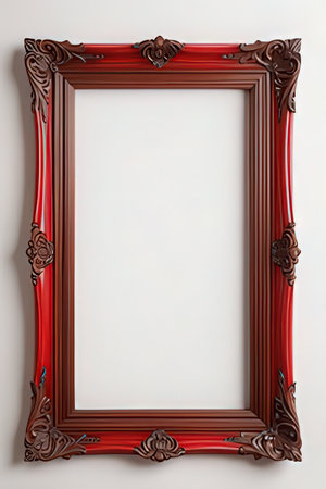 Wooden picture frame on a white wall. 3d rendering.の素材