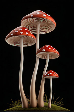 3d render of red fly agaric mushrooms on black backgroundの素材