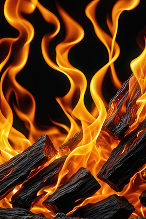 Fire flames on black background. Close up of fire flame texture.の素材