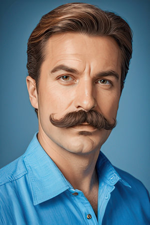 Portrait of a handsome man with mustache on a blue background.の素材