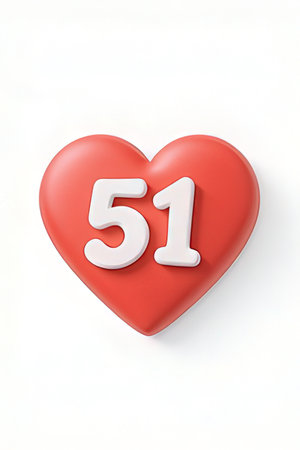 Red heart with number 51 on white background. 3D illustration.の素材
