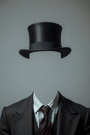 Black top hat and black suit on gray background with copy space.の素材
