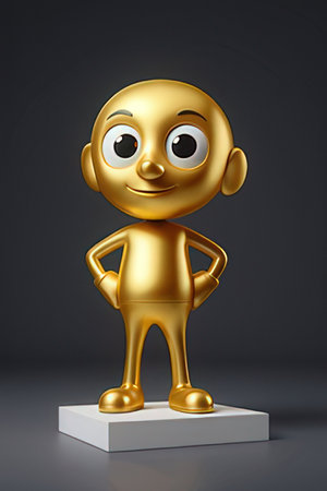 3D rendering of a golden little boy standing on a pedestalの素材