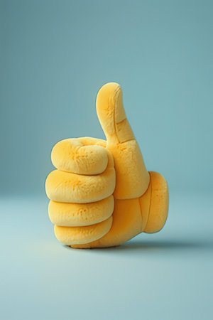 Thumbs up made of yellow plasticine on a blue background.の素材