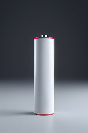 White battery with red cap on gray background.の素材