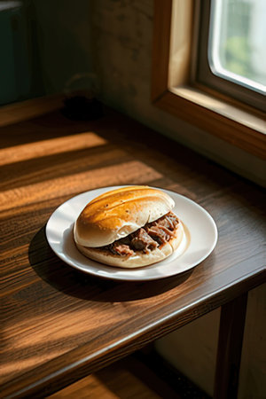 Pork hamburger on a white plate on a wooden table.の素材