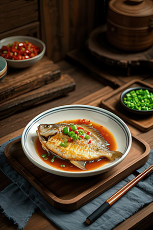 Korean food style, steamed mackerel fish in soy sauceの素材