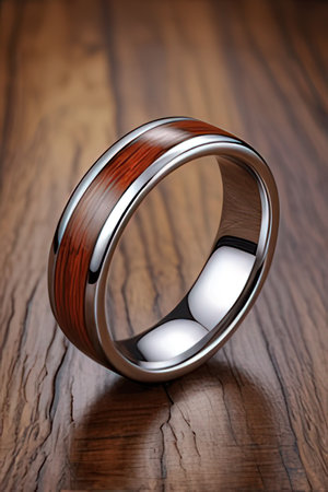 wedding rings on a wooden background, closeup of photoの素材