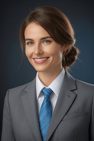 Portrait of smiling young business woman in suit and tie on blue backgroundの素材