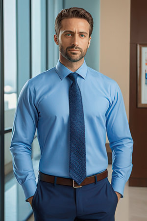 handsome businessman in blue shirt and tie looking at camera in officeのeditorial素材