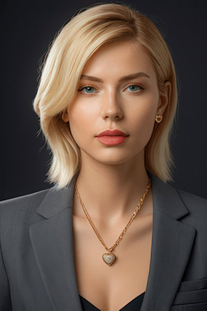 Portrait of a beautiful blonde woman in a business suit with a necklace.の素材