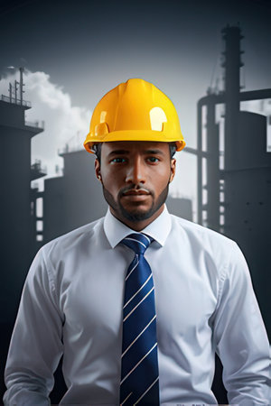 Portrait of a young African-American businessman wearing a yellow hardhat and looking at the camera.のeditorial素材