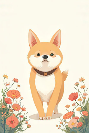 Illustration of a cute shiba inu sitting on a floral backgroundの素材