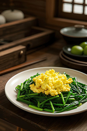 Scrambled eggs with green beans on a plate, closeupの素材
