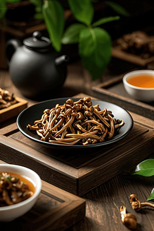 Bowl with chinese herbal tea on wooden table, closeupの素材