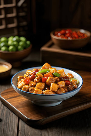 sweet and sour pork with cashew nuts in bowl on wooden tableの素材