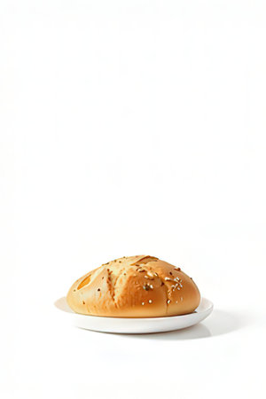 Freshly baked bread on a white plate isolated on white background.の素材