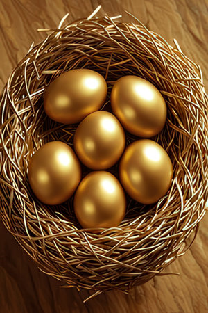 Nest with golden eggs on a wooden background. 3d renderingの素材