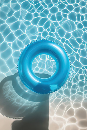 Blue inflatable ring floating in a swimming pool with blue water backgroundの素材