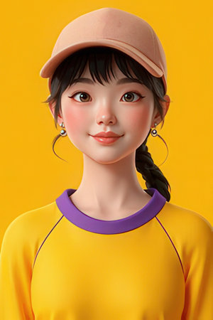 3D Illustration of a Japanese Girl in a Cap and Yellow T-Shirtの素材